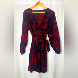 Black wrap dress with red rose print